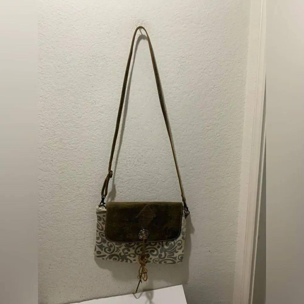 New Myra Bag Ivy Crossbody Grey Swirl Canvas Fabric and Leather Handbag